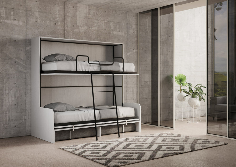Letto a scomparsa orizzontale Kando Sofà completamente aperto con due letti singoli e scala, soluzione salvaspazio per camere multifunzione.