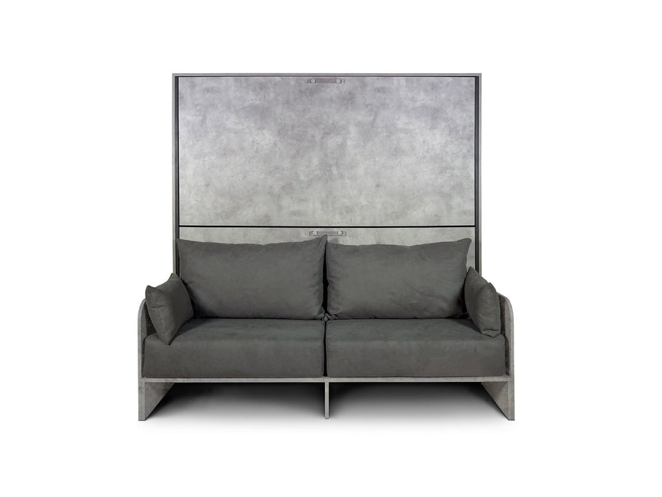 Letto a scomparsa doppio orizzontale Kando Sofà effetto cemento visto frontalmente con divano grigio, perfetto per arredare piccoli spazi.