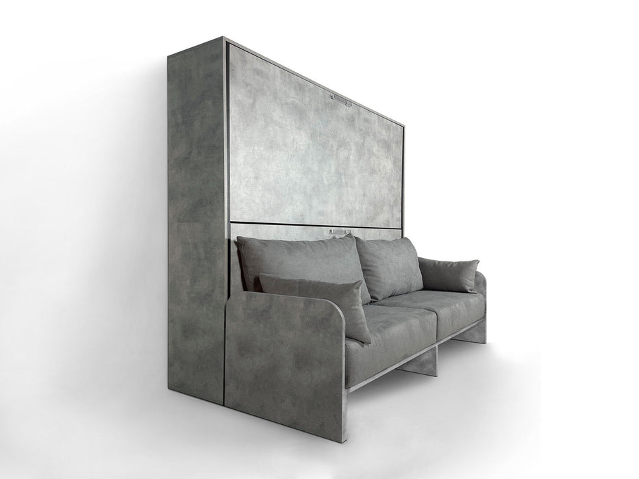 Vista laterale del letto a scomparsa Kando Sofà effetto cemento con divano integrato, design moderno e funzionale per ambienti contemporanei.