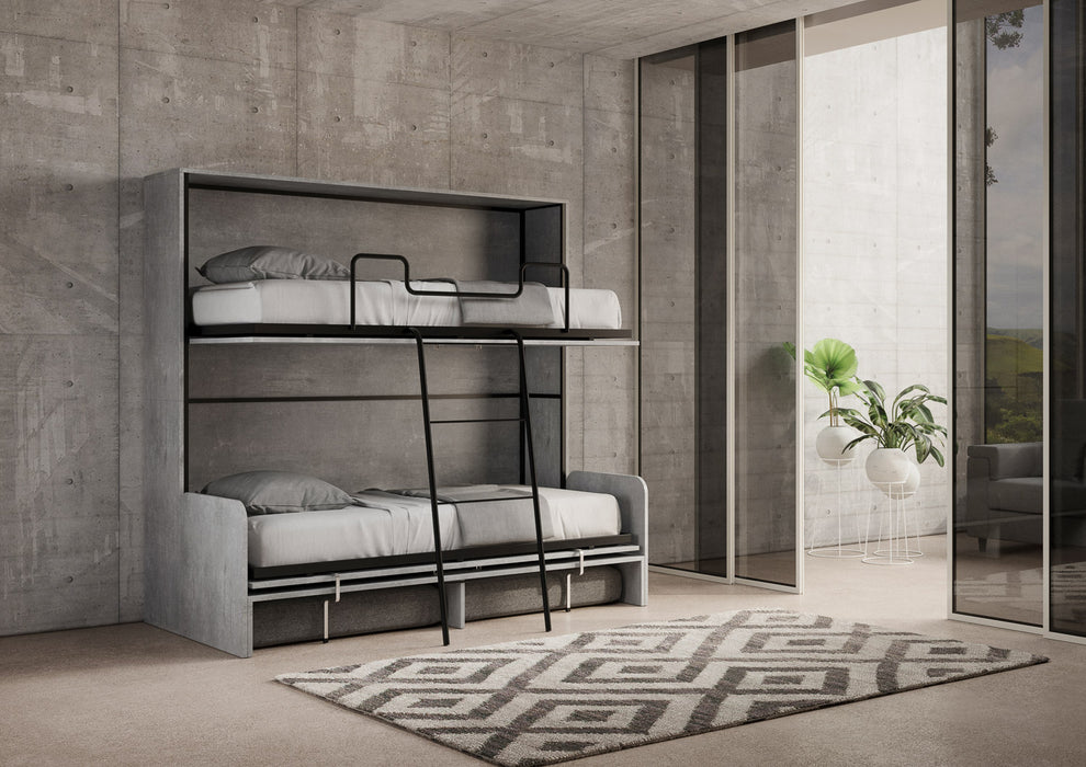 Letto a scomparsa orizzontale Kando Sofà effetto cemento completamente aperto con due letti singoli, soluzione compatta per ambienti ridotti.