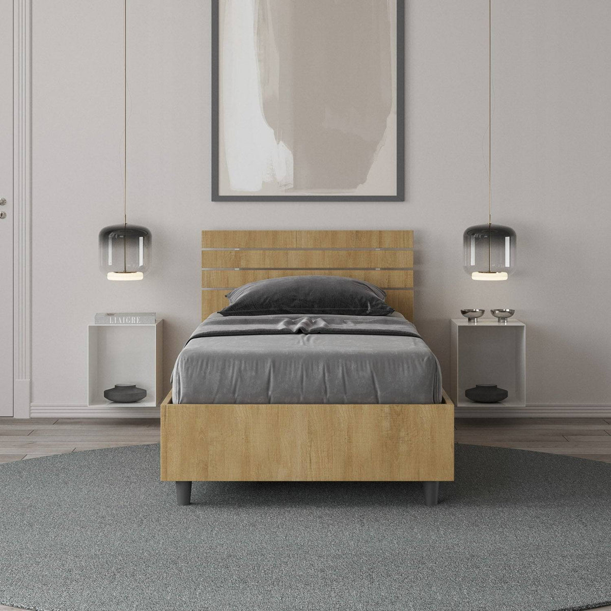 Letto singolo Ankel effetto legno chiaro in una camera moderna, con testiera a doghe e arredamento minimalista.