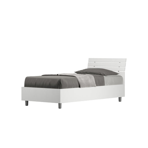 Letto singolo 80x200 Ankel bianco con testata inclinata e contenitore, design moderno e versatile per camere da letto eleganti.