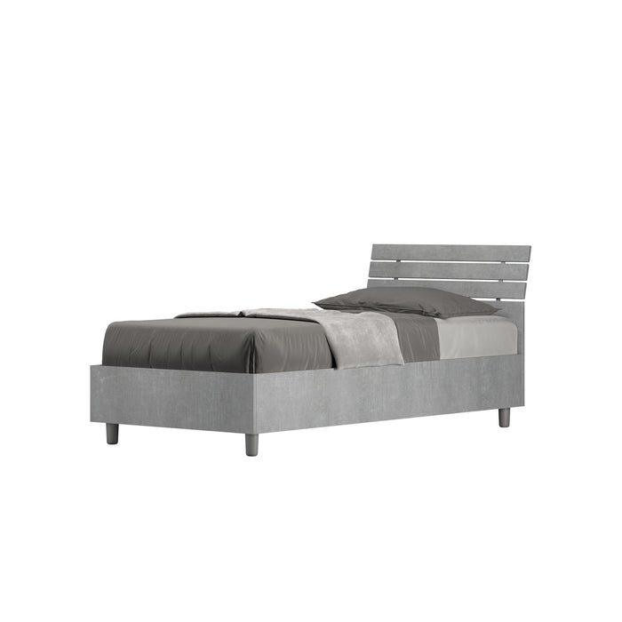 Letto singolo 80x200 Ankel grigio con testata inclinata e contenitore, design moderno e versatile per camere da letto eleganti.