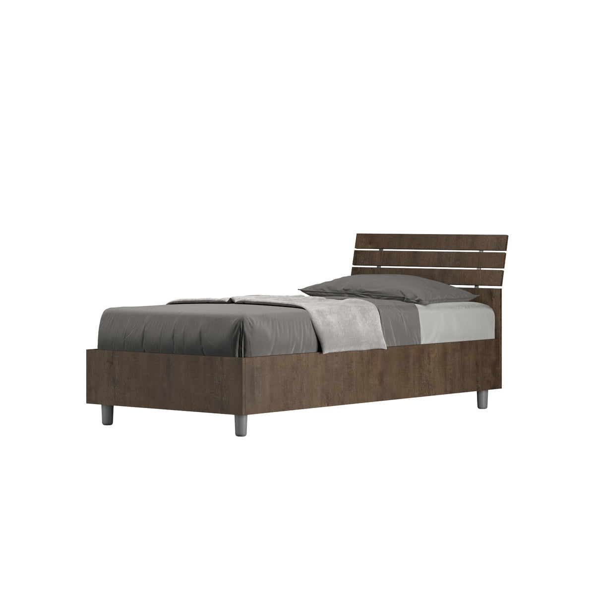 Letto singolo Ankel 80x190 cm effetto legno scuro con rete a doghe, design elegante e robusto per camere moderne.