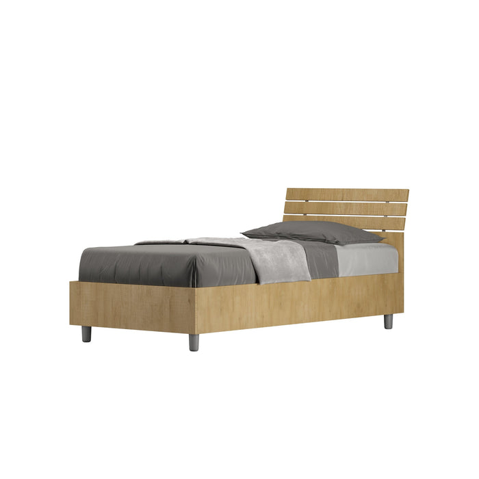 Letto singolo Ankel 80x190 cm effetto legno chiaro con rete a doghe, design moderno e versatile per ogni stile di camera.
