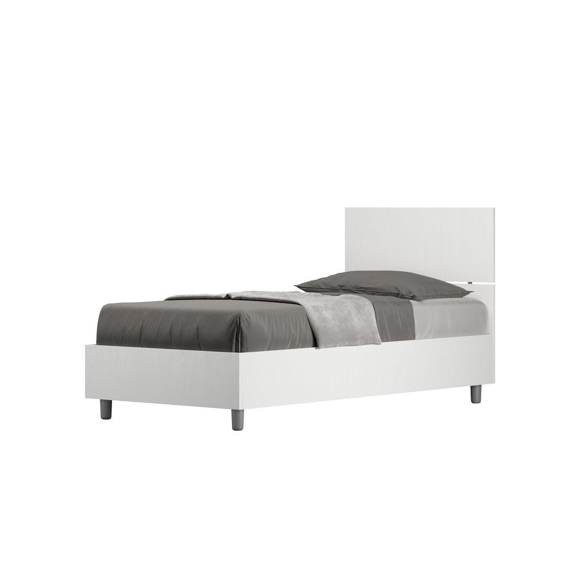 Letto singolo 80x200 Demas bianco con testata dritta, giroletto in nobilitato e opzione contenitore o rete a doghe, design moderno.