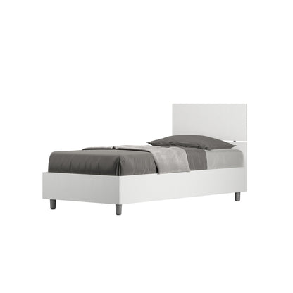 Letto singolo 80x200 Demas bianco con testata dritta, giroletto in nobilitato e opzione contenitore o rete a doghe, design moderno.