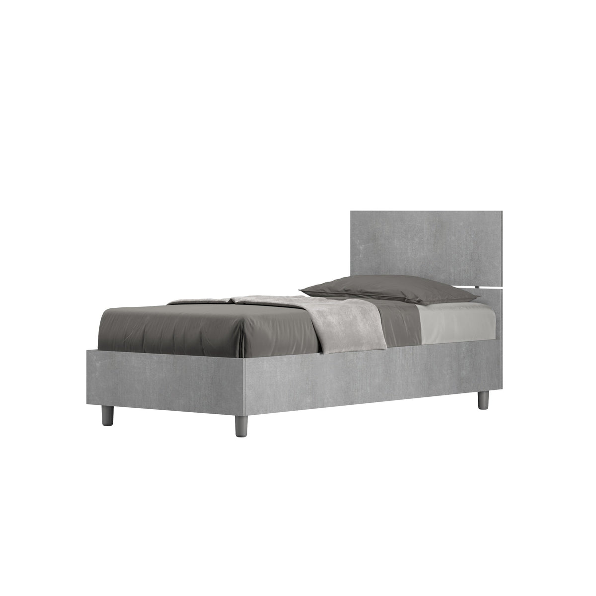 Letto singolo 80x200 Demas effetto cemento, con testata dritta e opzione contenitore o rete a doghe, ideale per ambienti moderni e industriali.