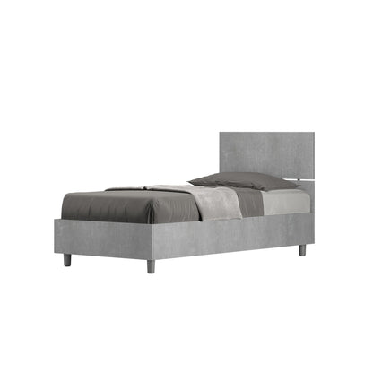 Letto singolo 80x200 Demas effetto cemento, con testata dritta e opzione contenitore o rete a doghe, ideale per ambienti moderni e industriali.
