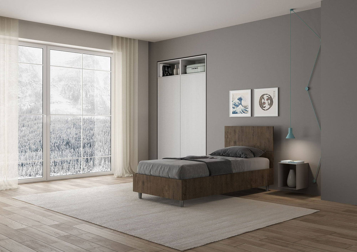 Camera moderna con letto singolo 80x200 Demas effetto legno scuro, testata dritta e opzione contenitore, ideale per spazi funzionali e raffinati.