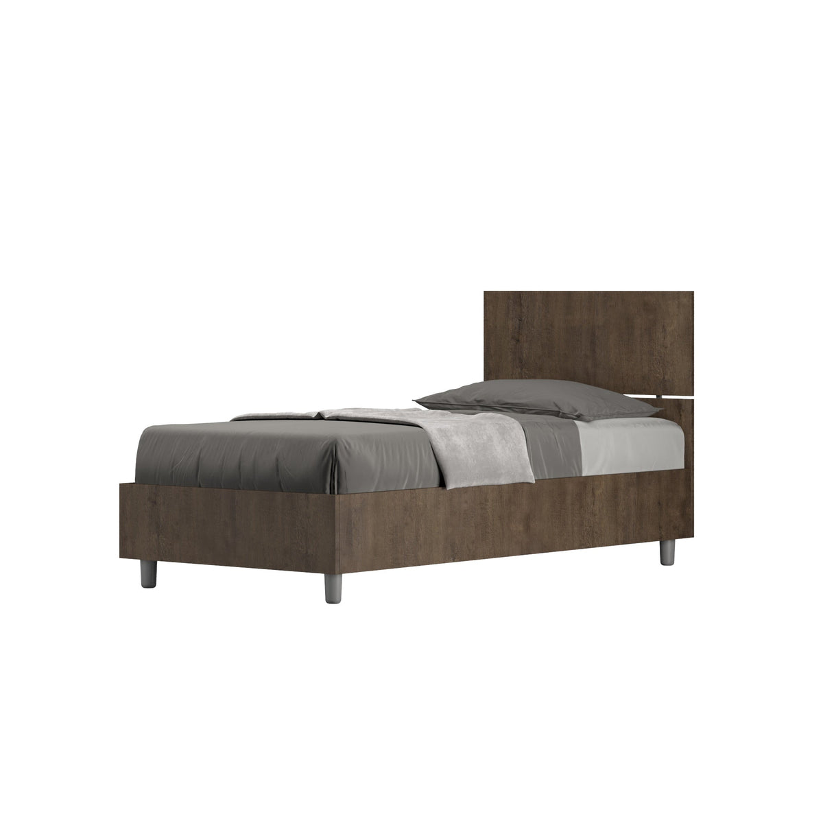 Letto singolo 80x200 Demas effetto legno scuro, con testata dritta e opzione contenitore o rete a doghe, ideale per ambienti caldi e accoglienti.