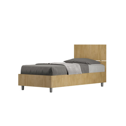 Letto singolo 80x200 Demas effetto legno chiaro, con testata dritta e opzione contenitore o rete a doghe, ideale per ambienti caldi e accoglienti.