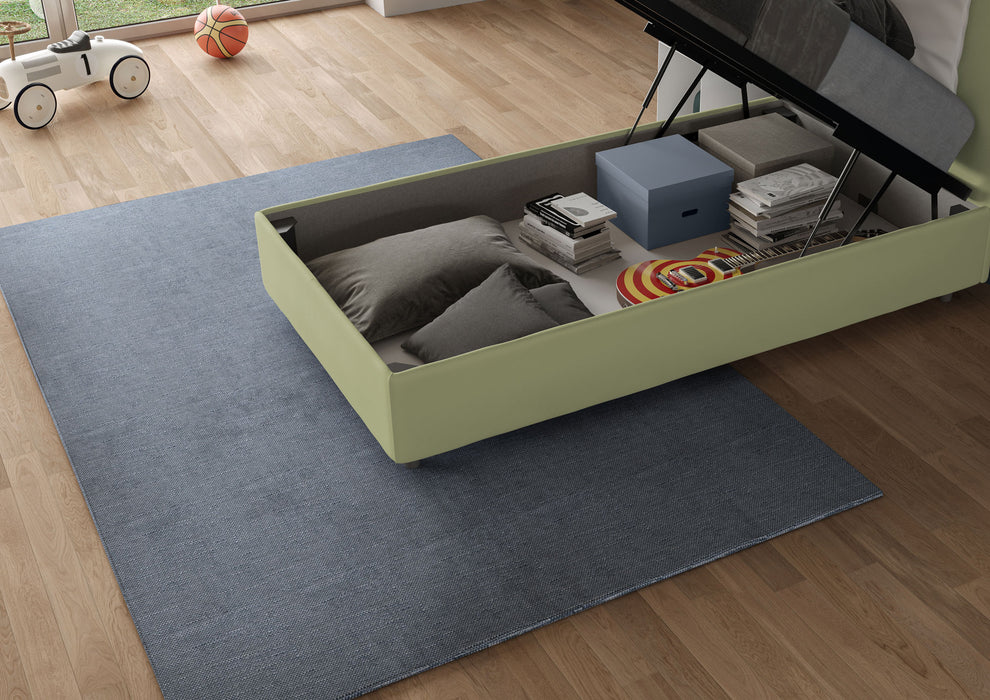 Contenitore letto singolo Adele verde oliva 80x190 con vano portaoggetti, perfetto per camere funzionali e ben organizzate.