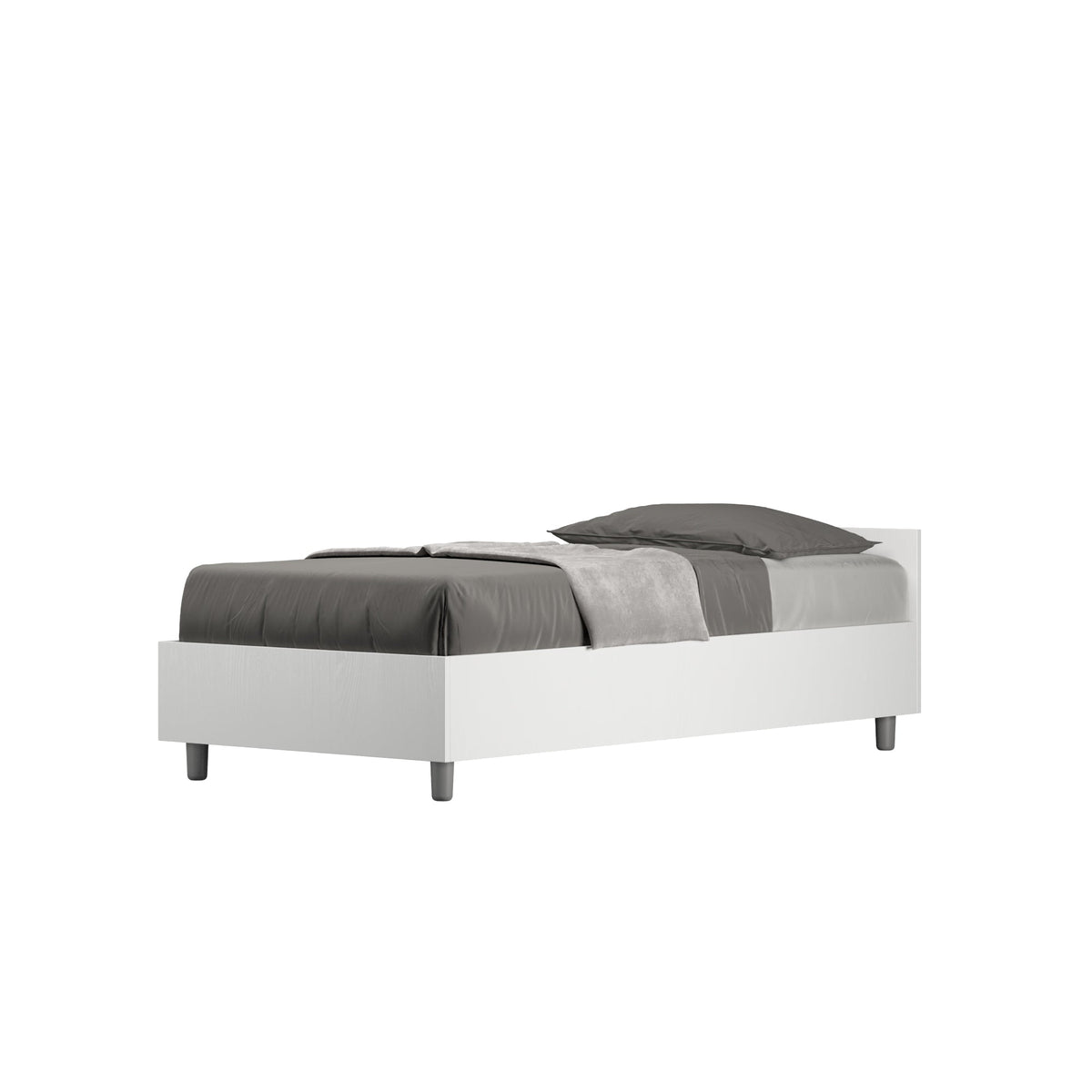 Letto singolo senza rete 80x200 Nuamo in finitura bianca, design moderno con struttura minimalista e gambe in metallo.
