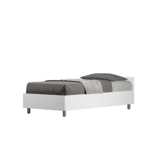 Letto singolo 80x190 Nuamo bianco con rete contenitore e design essenziale, ideale per camere moderne e spazi ridotti.
