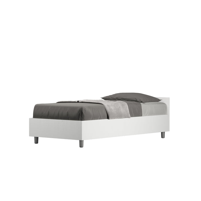 Letto singolo 80x190 Nuamo bianco con rete contenitore e design essenziale, ideale per camere moderne e spazi ridotti.
