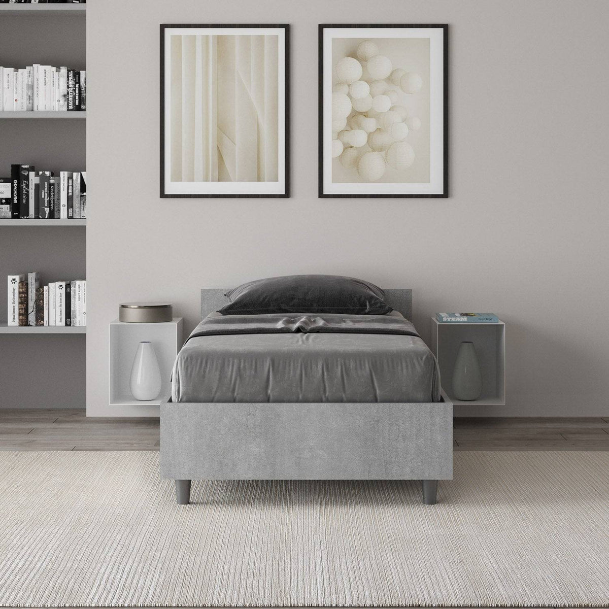 Letto singolo 80x200 Nuamo grigio in una camera moderna, abbinato a comodini sospesi e decorazioni minimaliste.