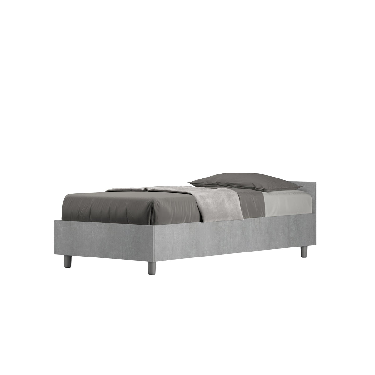 Letto singolo senza rete 80x200 Nuamo in finitura grigia, design contemporaneo con struttura robusta e gambe in metallo.