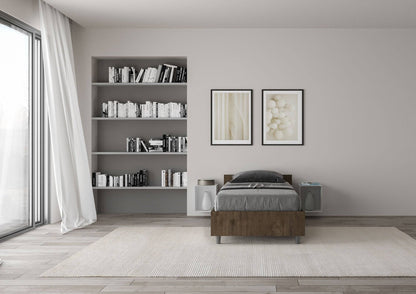 Letto singolo legno scuro Nuamo 80x200 in una stanza luminosa con libreria integrata e arredamento contemporaneo.