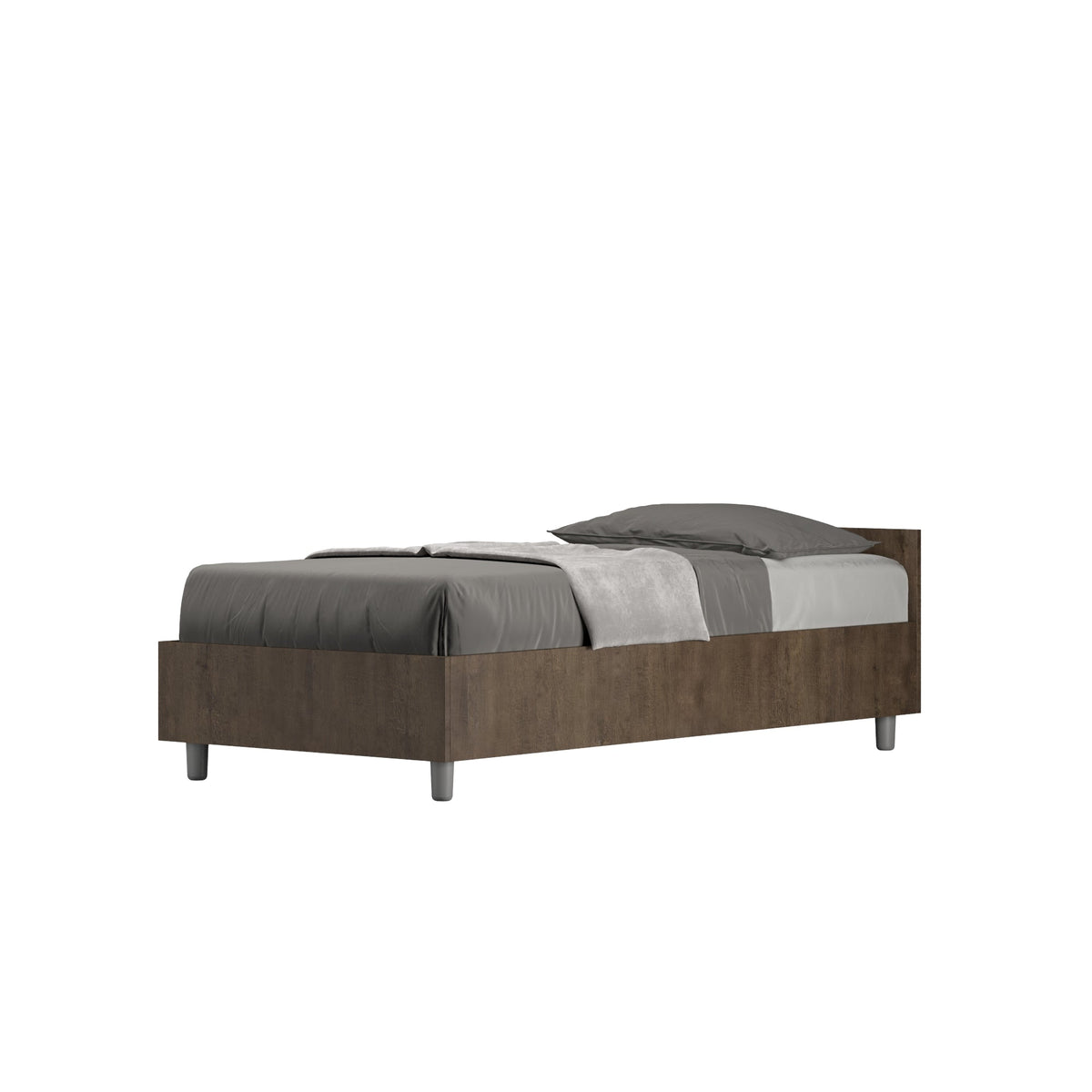 Letto singolo senza rete 80x200 Nuamo in finitura legno scuro, design elegante con struttura robusta e gambe in metallo.