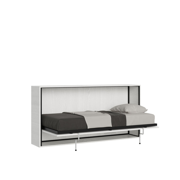 Letto a scomparsa singolo orizzontale Kando con materasso in finitura bianco frassino, design minimal per piccoli spazi.