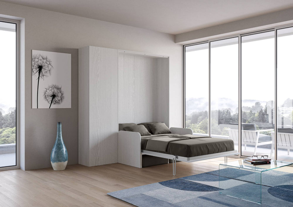 Letto Kentaro Sofà 120 verticale bianco frassino con armadio laterale aperto, ideale per ottimizzare spazio e comfort.