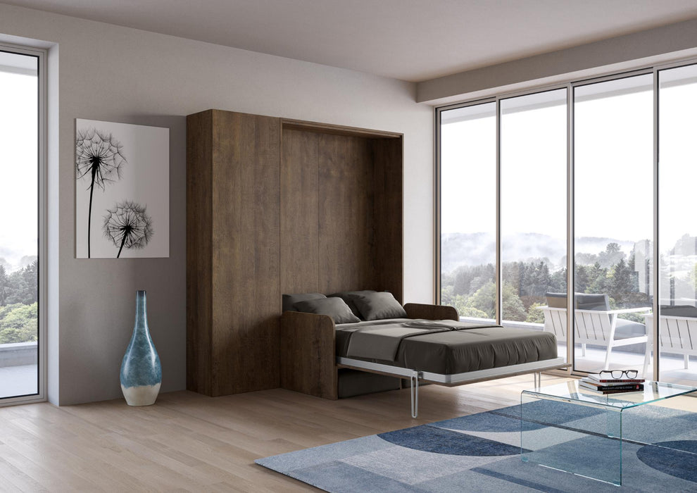 Letto Kentaro Sofà 120 verticale legno scuro con armadio laterale aperto, unisce estetica e praticità.