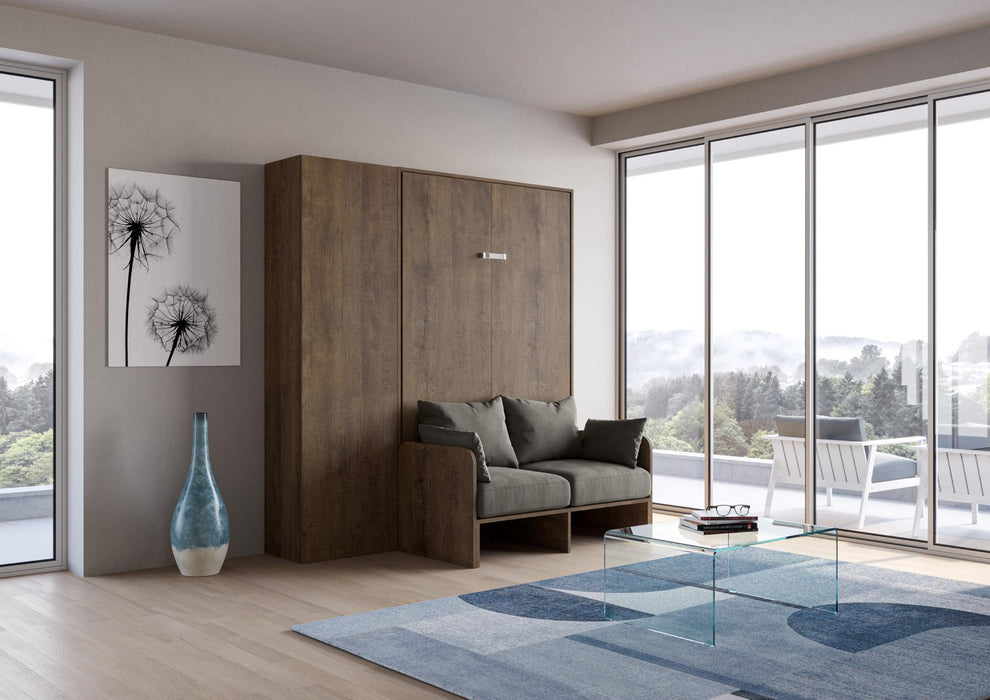 Letto Kentaro Sofà aperto in legno scuro con armadio laterale, ideale per ottimizzare lo spazio senza rinunciare al comfort.