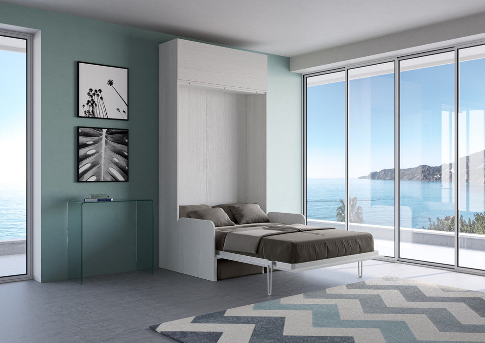 Letto Kentaro Sofà 120 verticale bianco frassino con pensile aperto, ideale per ambienti multifunzionali e compatti.