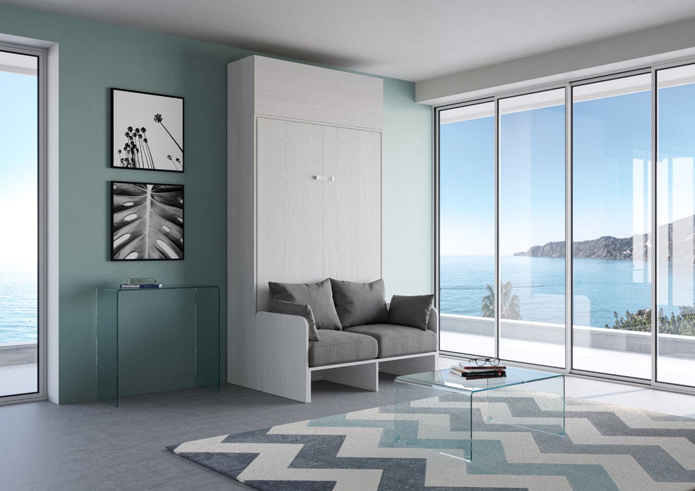 Letto a scomparsa Kentaro Sofà 120 verticale con pensile in soggiorno vista mare, perfetto per case vacanza.