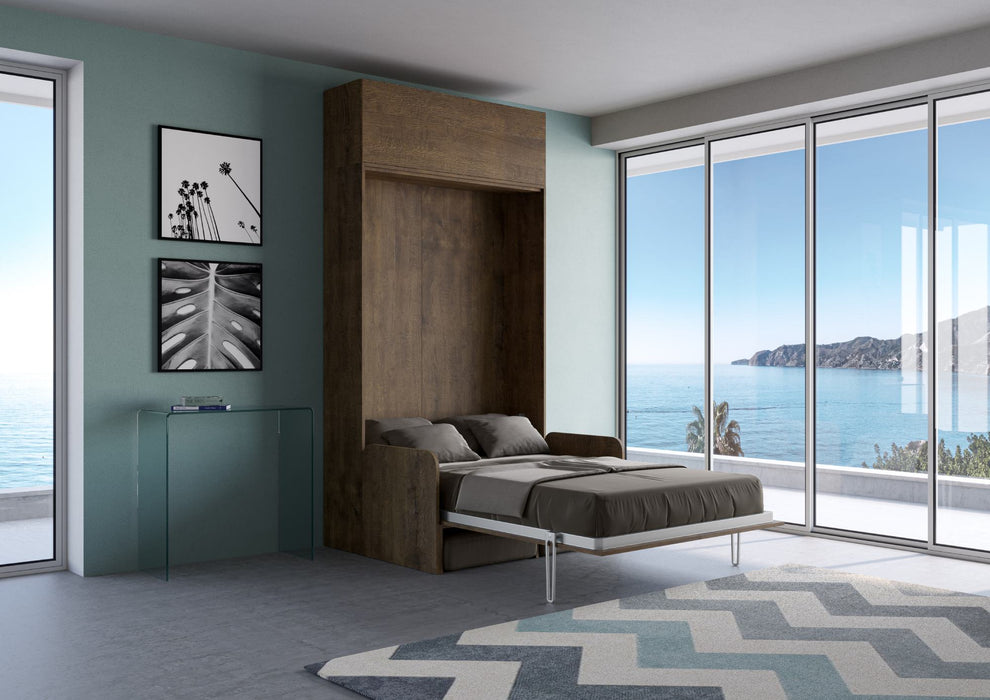 Letto Kentaro Sofà in legno scuro, divano grigio, soluzione salvaspazio elegante per ambienti moderni e compatti.