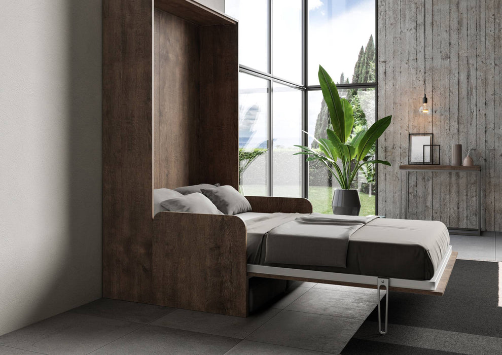 Vista laterale del letto Kentaro Sofà 120 verticale legno scuro aperto, evidenzia comfort e struttura solida.