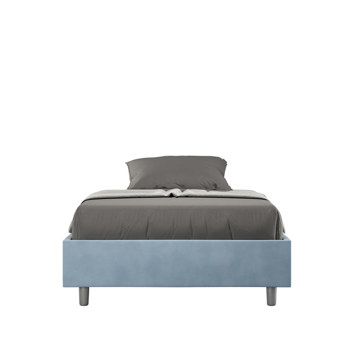 Letto singolo contenitore imbottito 100x210 microfibra Azelia azzurro chiaro con struttura moderna e piedini in metallo grigio.