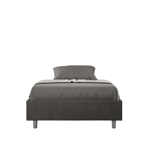 Letto singolo contenitore imbottito 100x210 microfibra Azelia grigio scuro con giroletto moderno e piedini in metallo, ideale per camere minimal.