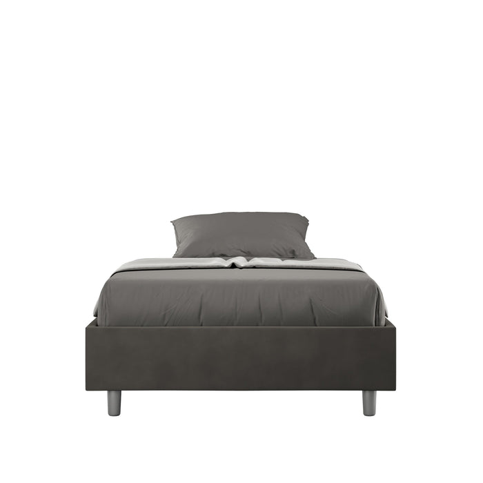 Letto singolo contenitore imbottito 100x210 microfibra Azelia grigio scuro con giroletto moderno e piedini in metallo, ideale per camere minimal.