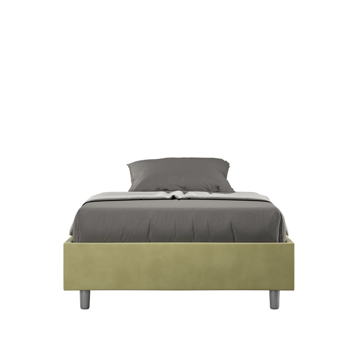 Letto singolo contenitore imbottito 100x210 microfibra Azelia verde salvia con giroletto moderno e piedini in metallo grigio.