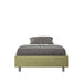 Letto singolo contenitore imbottito 100x210 microfibra Azelia verde salvia con giroletto moderno e piedini in metallo grigio.