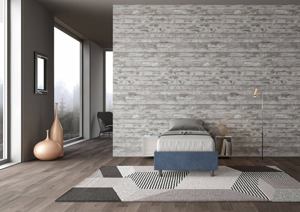 Letto singolo contenitore imbottito 90x200 microfibra Azelia blu navy in ambiente moderno, ideale per camere ordinate e funzionali.