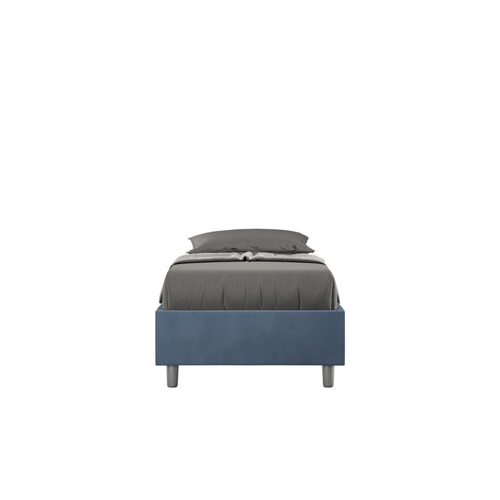 Letto singolo contenitore imbottito 90x200 microfibra Azelia in blu navy, ideale per ambienti eleganti e moderni.