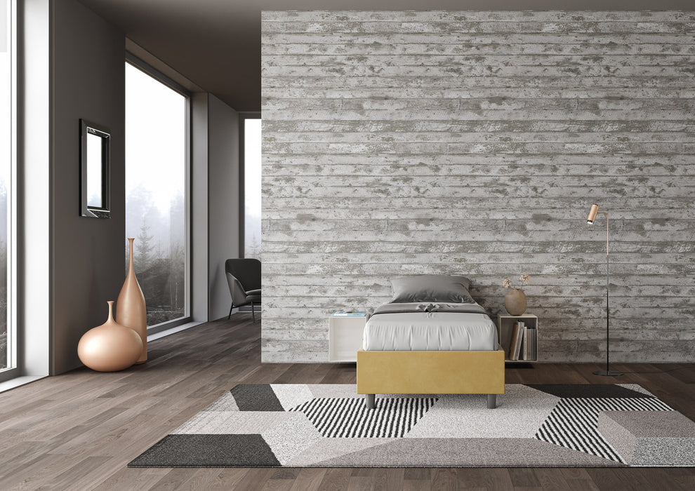 Letto singolo Azelia giallo ocra 80x190 in microfibra, perfetto per ambienti moderni e luminosi con dettagli di design.