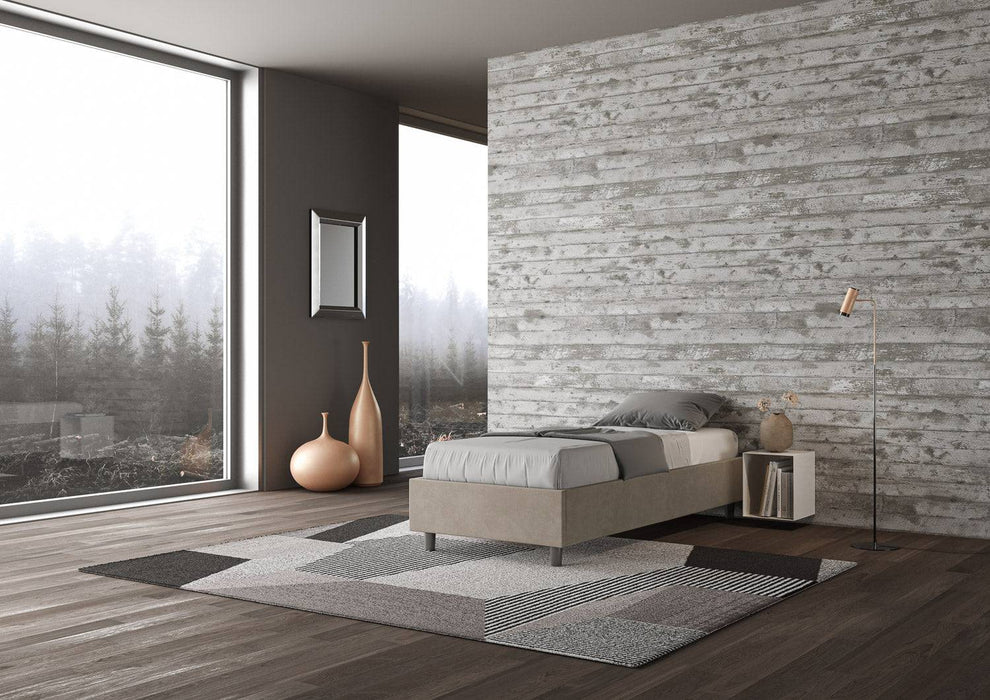 Letto singolo Azelia beige con contenitore, design lineare e moderno, perfetto per arredare camere con stile e praticità.