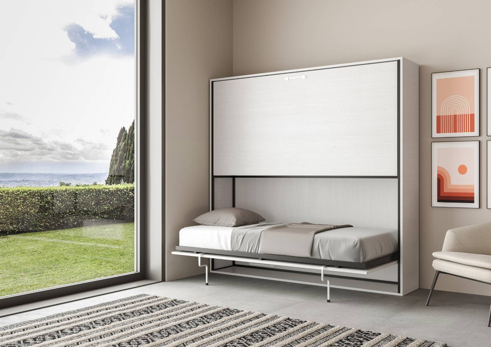 Letto singolo Kando aperto in versione orizzontale, struttura bianco frassino, ideale per trasformare la zona giorno in area notte.