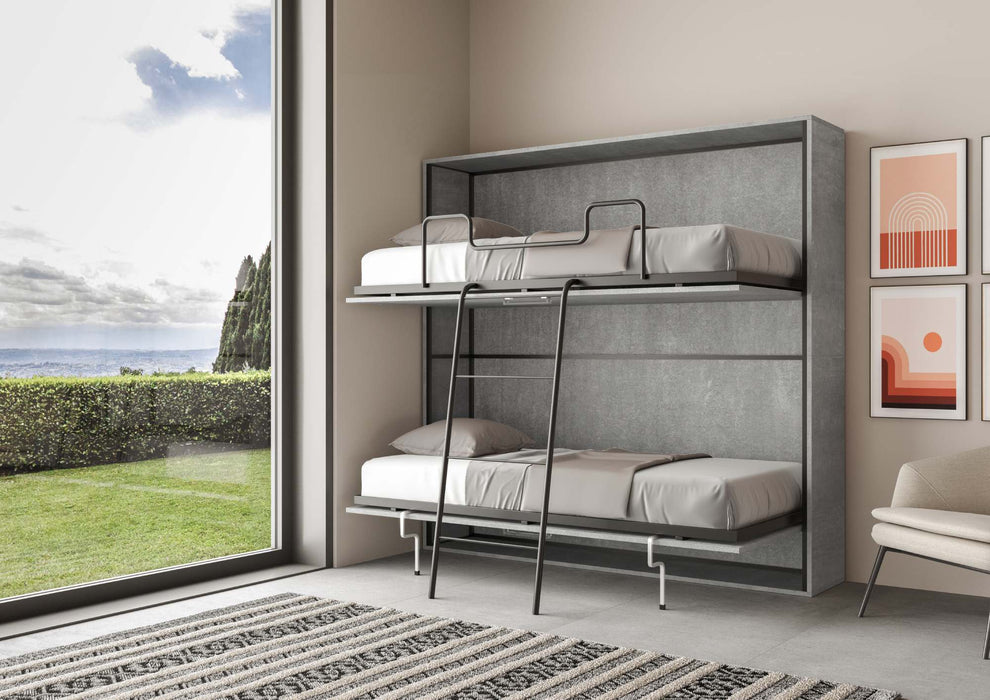 Letto a castello orizzontale Kando in cemento scuro con materassi, perfetto per ottimizzare lo spazio in ambienti piccoli.