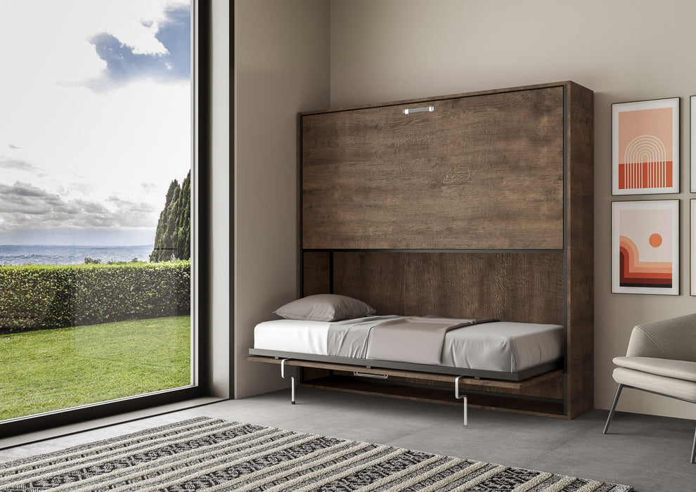 Letto singolo Kando aperto in versione orizzontale, struttura legno scuro, ideale per trasformare la zona giorno in area notte.