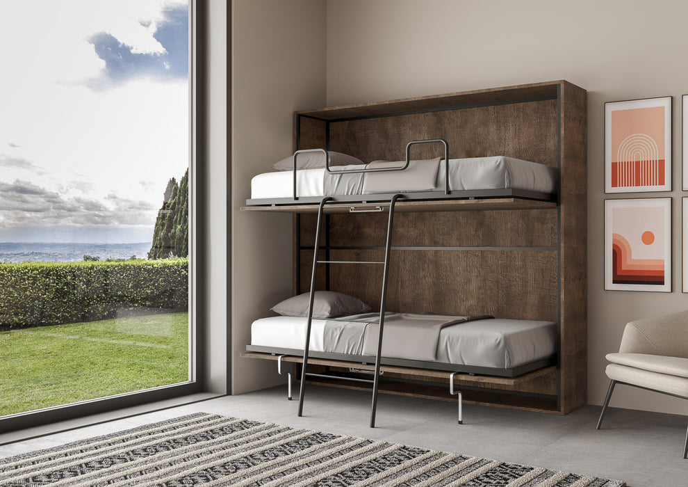 Letto a castello orizzontale Kando in legno scuro con materassi, perfetto per ottimizzare lo spazio in ambienti piccoli.