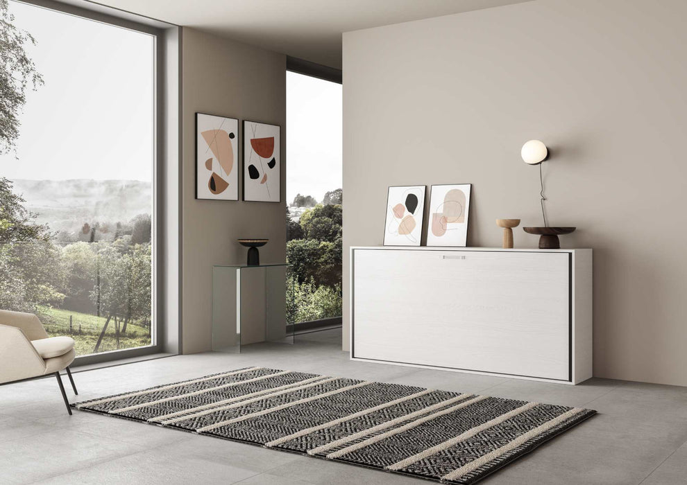 Letto a scomparsa Kando chiuso in finitura bianco frassino, arredo salvaspazio ideale per soggiorni e camere multifunzionali.