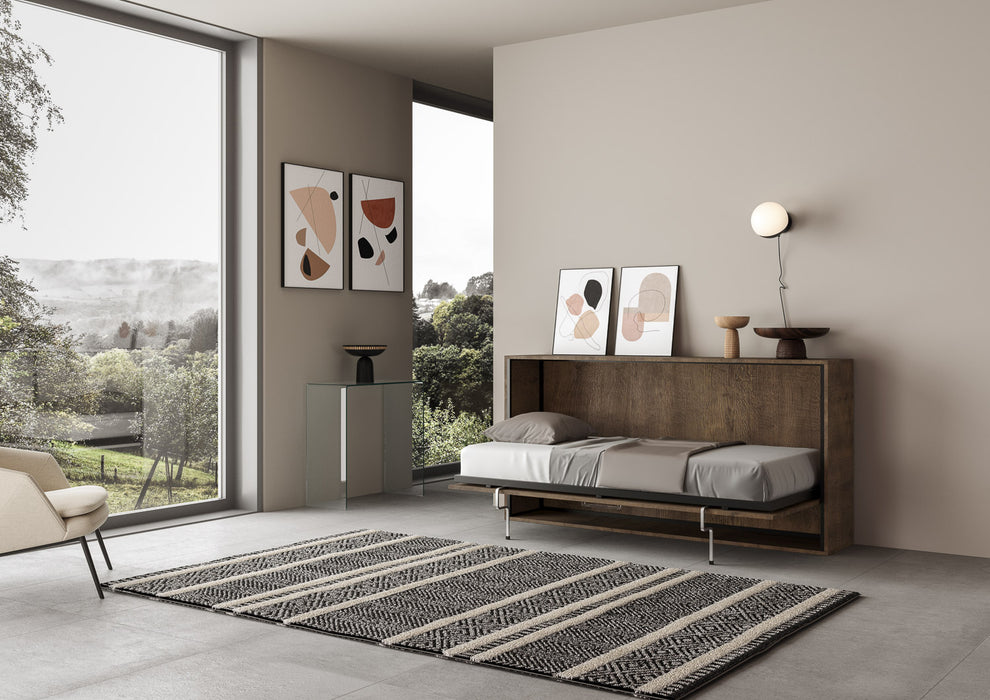 Letto singolo Kando aperto con materasso, finitura legno scuro, ideale per ottimizzare lo spazio con stile.
