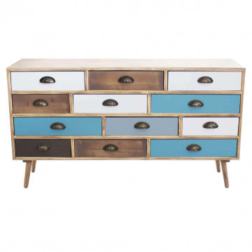 Mobile in MDF con gambe legno pino, top naturale e 12 cassetti colorati