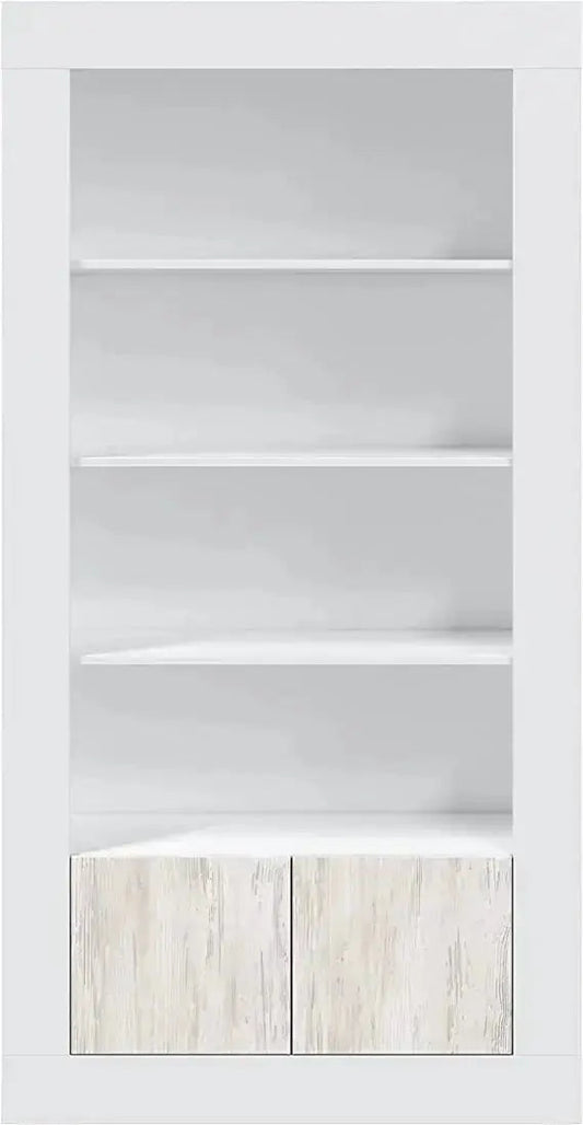 Colonna libreria bianco antico Velho con 4 ripiani fissi e 2 ante inferiori in legno chiaro, design minimalista e moderno.