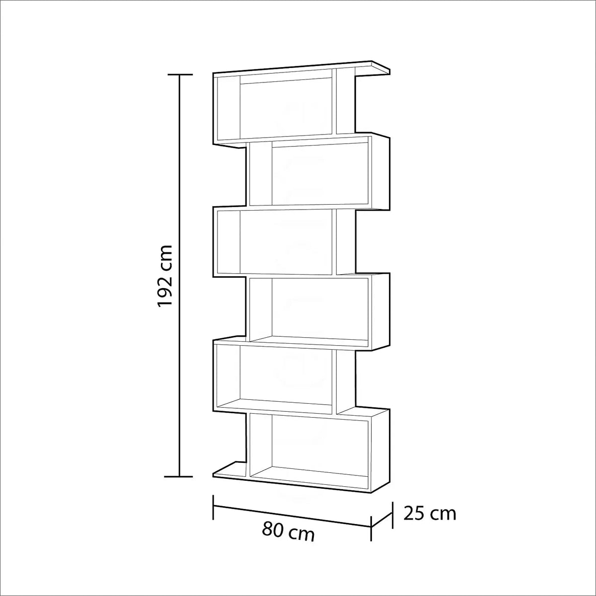 Schema tecnico della libreria Fores grigia alta in melamina con ripiani regolabili, dimensioni 80x25x192 cm, ideale per spazi moderni.